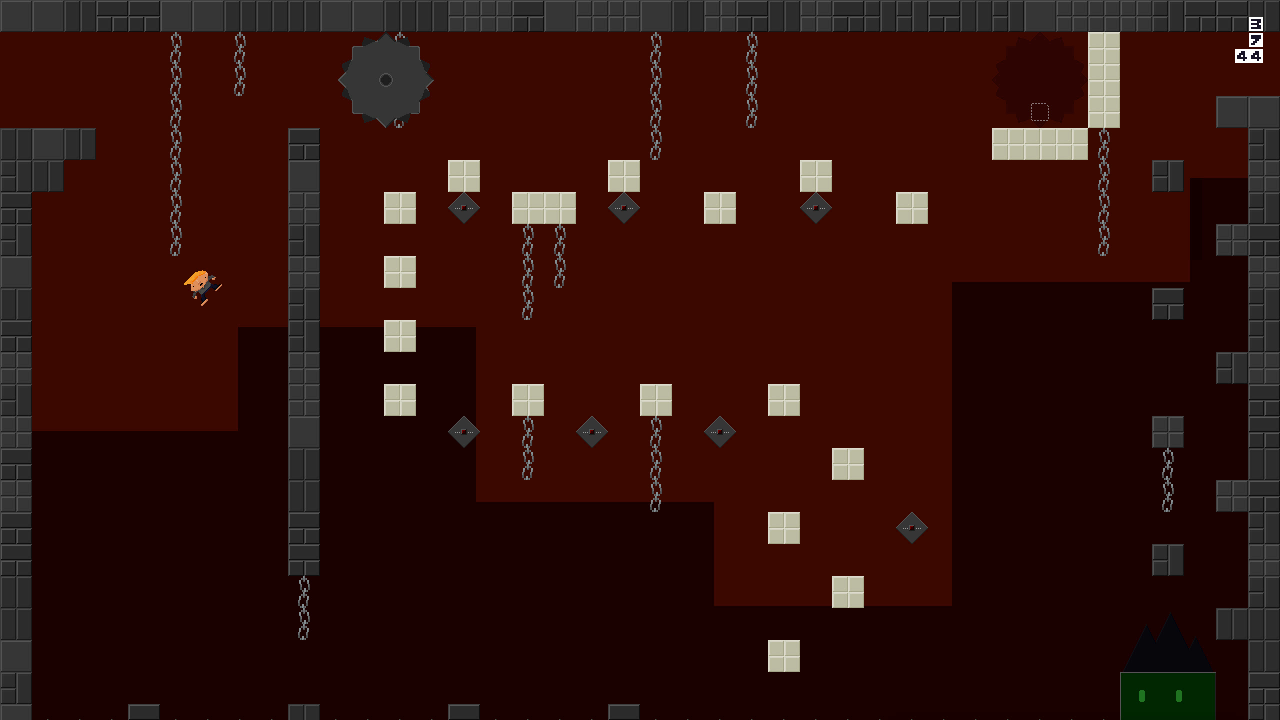 Screenshot: The player character avoiding a sawblade by dropping down into a pit with a floor tile below.